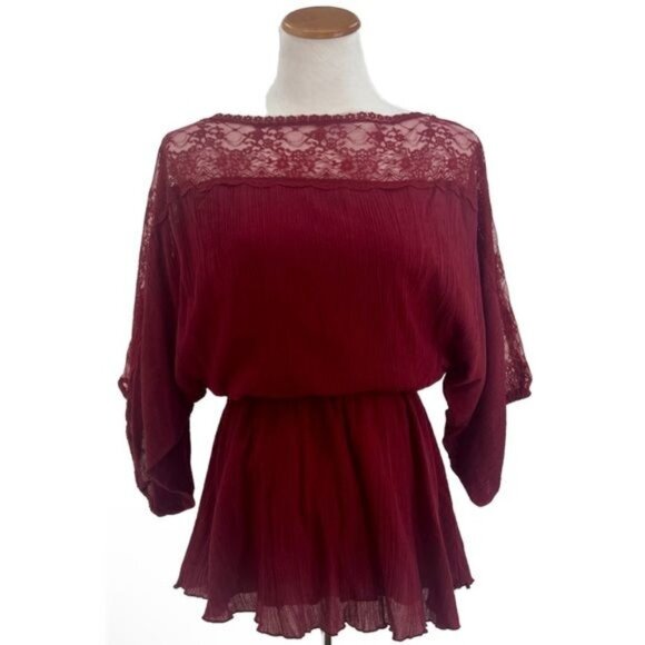 Free People Tops - RARE Vintage Free People Burgundy Red Lace Trim Cinched Waist Boho Crepe Top